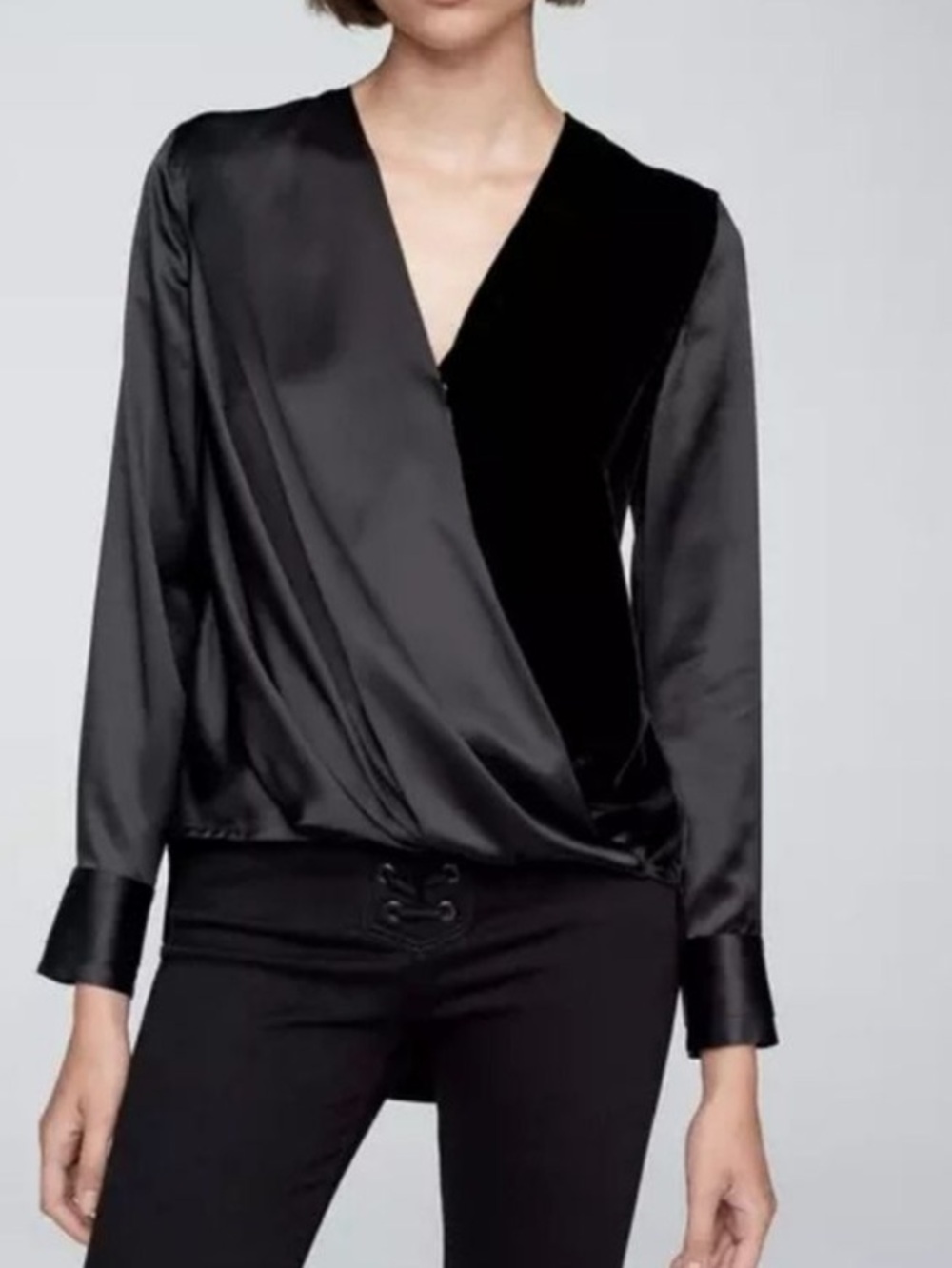 rag & bone Black Satin and Velvet Wrap Top